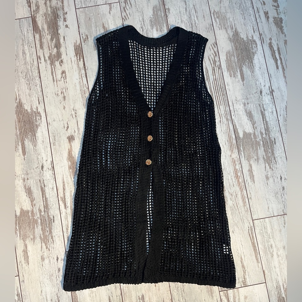 Black Crochet Maxi Vest Cover Up Button Down Gold Buttons XL NWOT - Picture 8 of 16